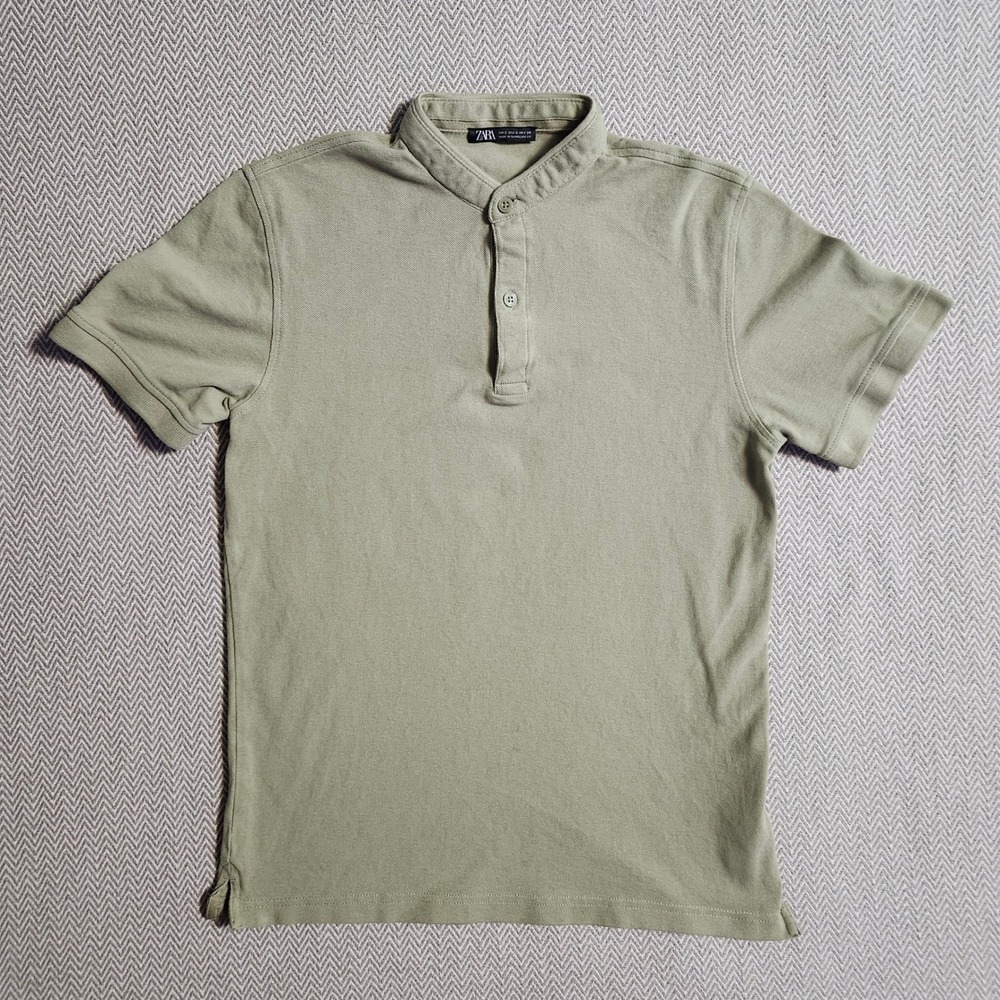 Zara Man Olive Green Band Collar Pique Cotton Short Sleeve Polo Shirt Small